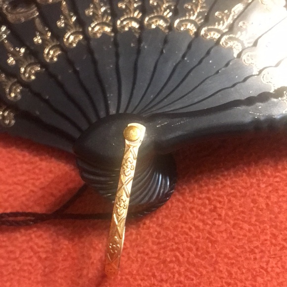 Japanese Hand Embroidered Black Hand Fan with Gold detailing - Picture 6 of 7